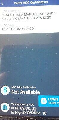 Rare 2014 $20 Maple Leaf Jade Insert NGC PR69 Ultra Cameo NGC Silver OZ 999