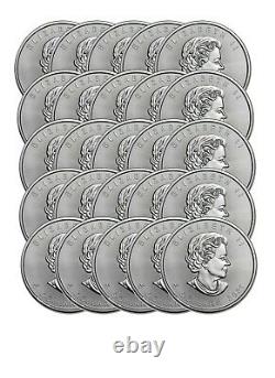 Roll of 25 Silver 2021 Canadian 1 oz Maple Leaf Bullion. 9999 BU Leafs Coins