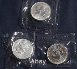 Three 1988 $5 Silver Maple Leaf Rcm Ogp 1 Oz 0.9999 Fine Silver L-010219