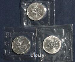 Three $5 Silver Maple Leaf Rcm Ogp (1988-1990) 1 Oz 0.9999 Fine Silver L-020427